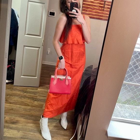 ANN TAYLOR Women's Linen Blend Maxi Dress Ruffle Tiered Size 0 in Orange - Picture 6 of 7